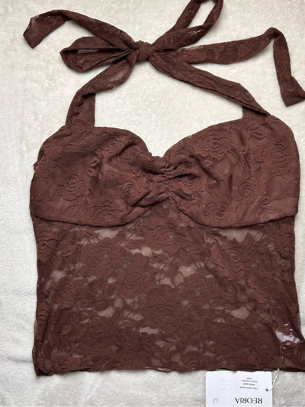 REORIA Chocolate Brown Lace Halter Crop Top Women’s Large Y2K Sweetheart Neck - Picture 2 of 7